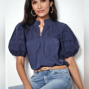 RED HAUTE Smocked Neck Puff Sleeve Top Blouse Navy M NWT SOLD OUT!